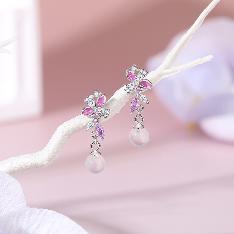 Original sparkling wisteria flower earrings for women, sterling silver, forest-style floral tassel chalcedony earrings, small and fresh enamel earrings