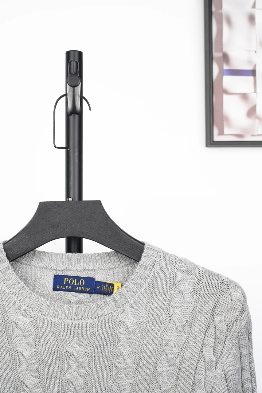 Ralph Lauren Light Grey Pony Embroidered Cable Knit Crewneck Sweater product photo from LabelPicks