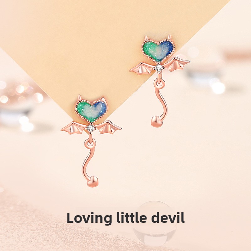 Original heart-shaped little devil earrings, 925 sterling silver, rose gold, unique design, girly style, personalized earrings