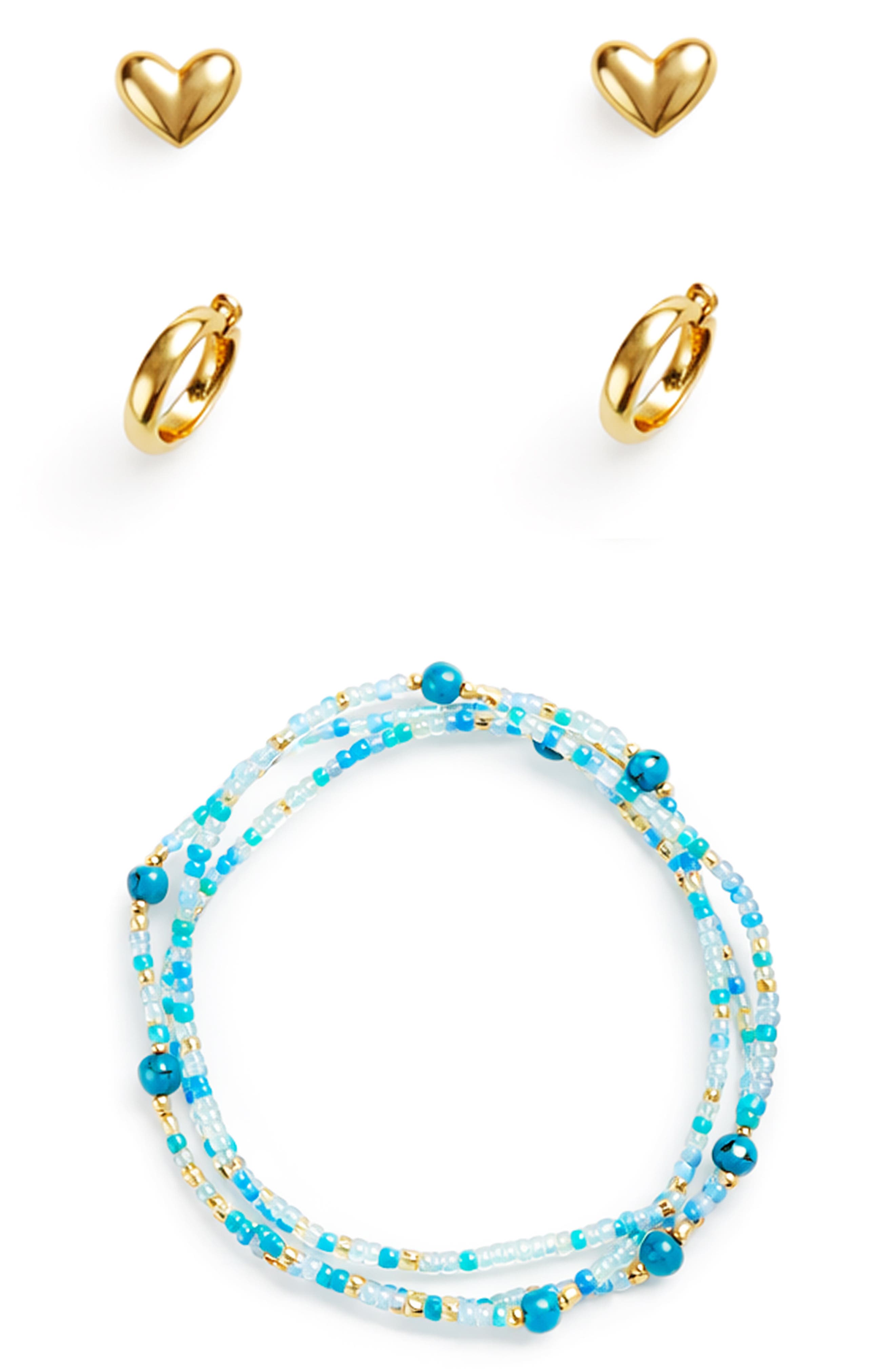 Panacea Shell Stud, Huggie Hoop Earrings & Beaded Stretch Bracelets Set