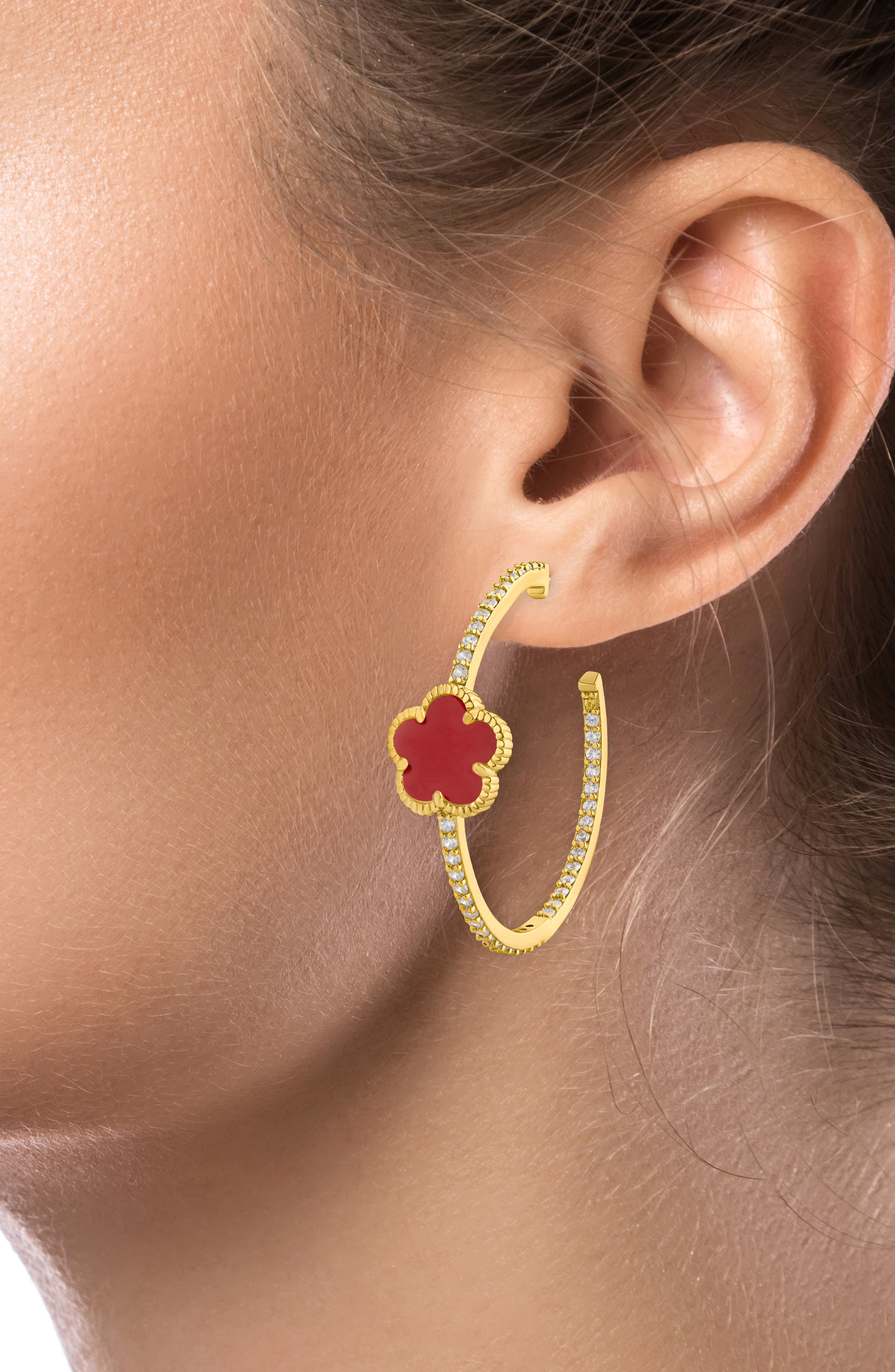CZ by Kenneth Jay Lane Faux Coral Clover Cubic Zirconia Pavé Hoop Earrings