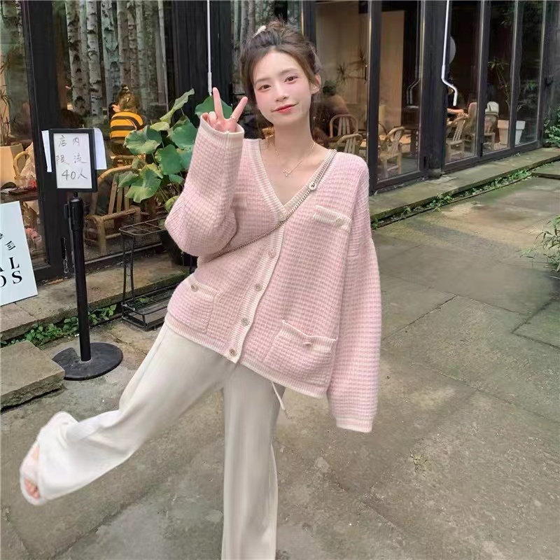 Pink sweater jacket wide-leg trousers two-piece set small fragrant temperament girl casual fashion suit