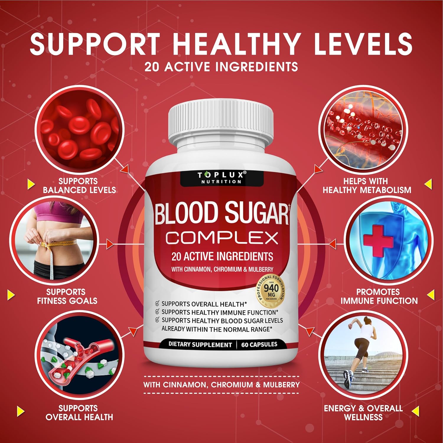 Blood Sugar Complex Supplement - Supports Healthy Blood Sugar Levels Already Within Normal Range All Natural with Cinnamon, Bitter Melon, Chromium, Mulberry, Alpha Lipoic Acid, Non-GMO, 60 Capsules