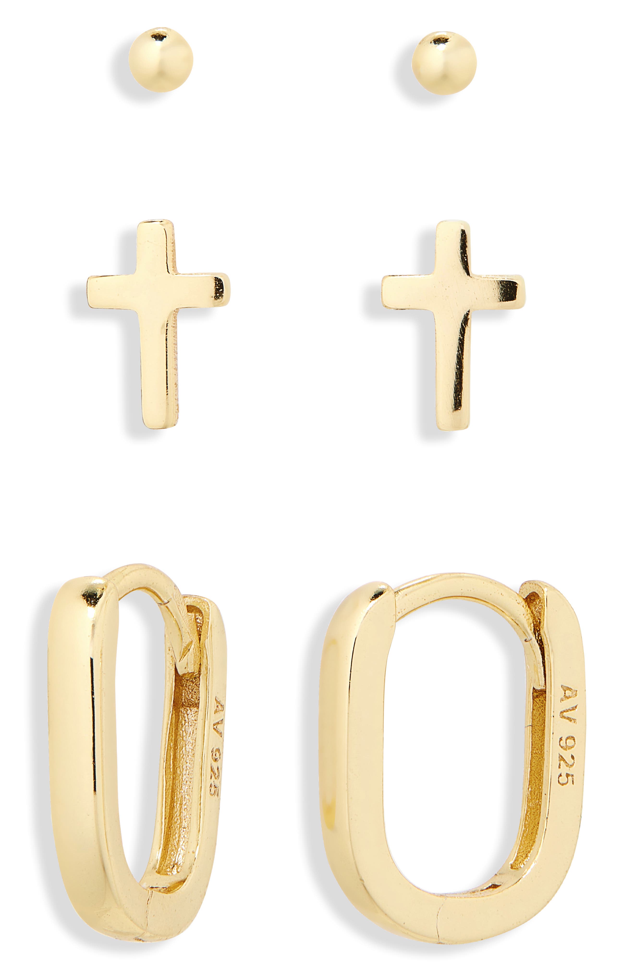 ARGENTO VIVO Set of 3 Huggie Hoop, Cross & Ball Stud Earrings