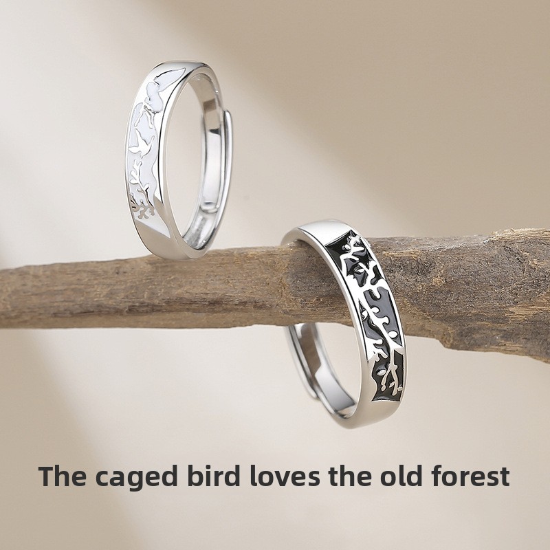 Original Blue Eucalyptus and Bird Couple Rings, Vintage Creative Niche Enamel Matching Rings, Sterling Silver Student Rings, Qixi Festival Gift