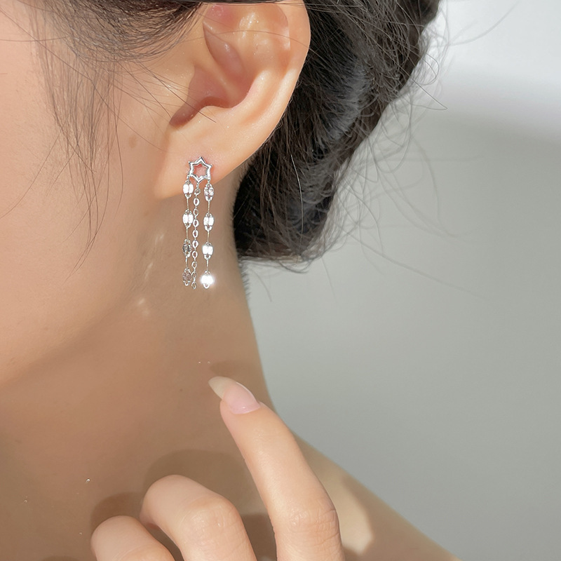 Sparkling long tassel earrings for women, crafted from 925 sterling silver, with a minimalist and sophisticated design, offering a unique and stylish look that makes the face appear slimmer
