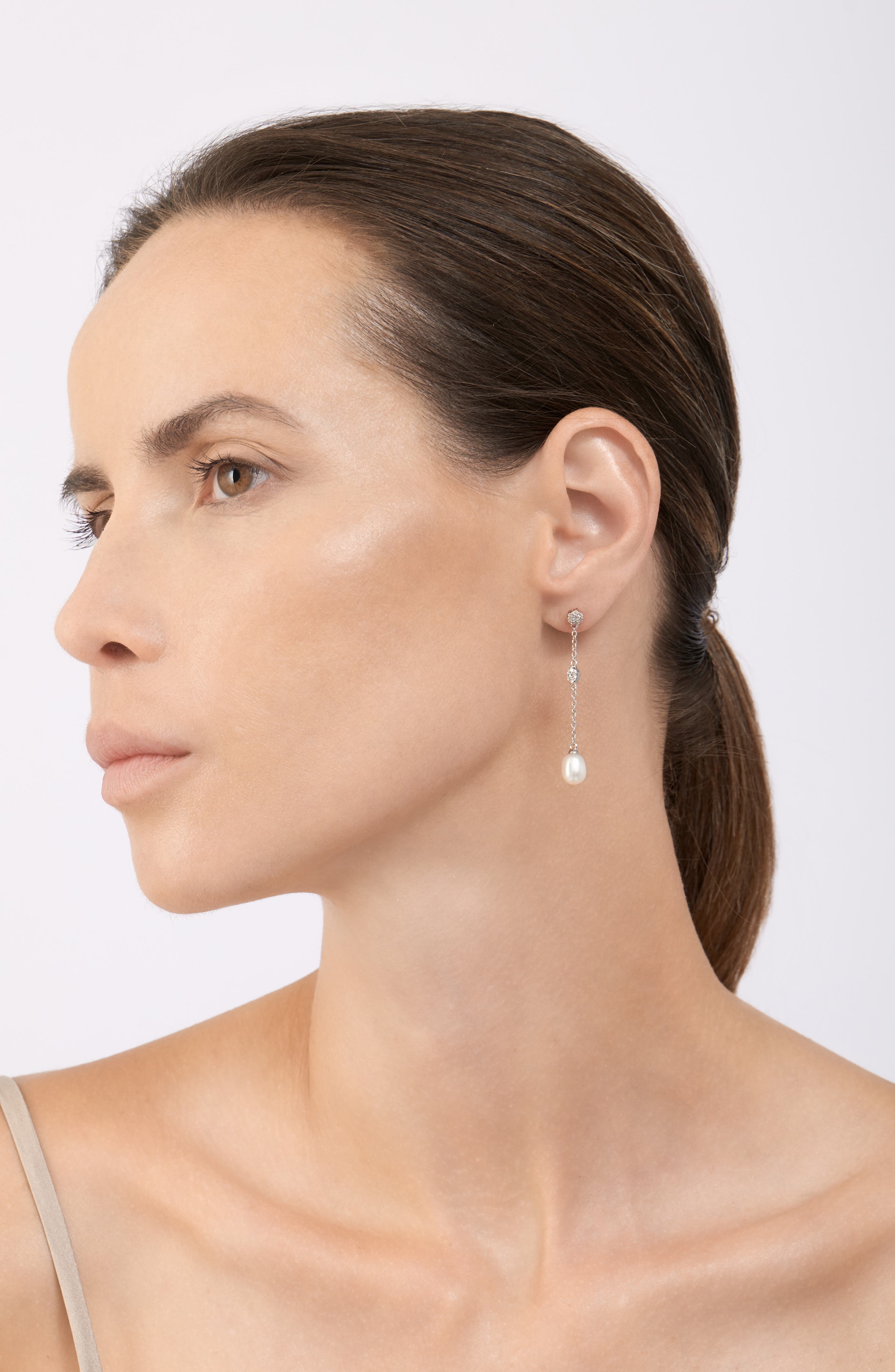 Adornia White Rhodium Plated Swarovski Crystal Accented & 7mm Freshwater Pearl Drop Earrings