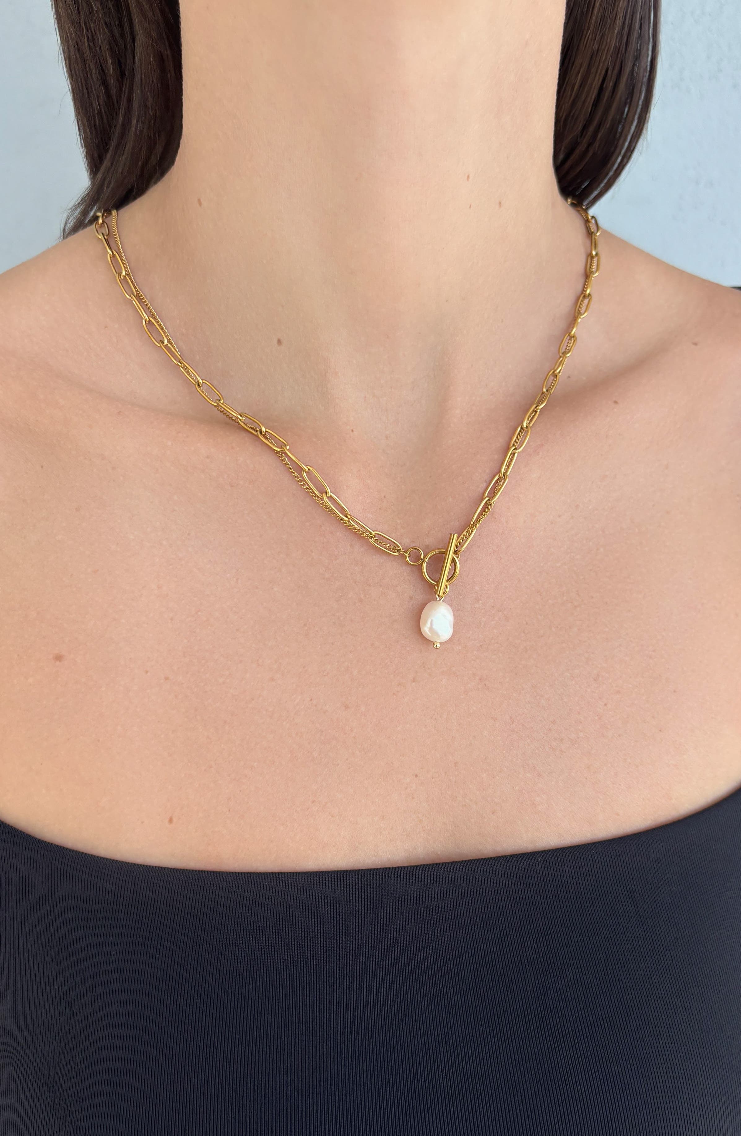 Adornia Tarnish Resistant 18K Gold Plated Pearl Toggle Pendant Necklace