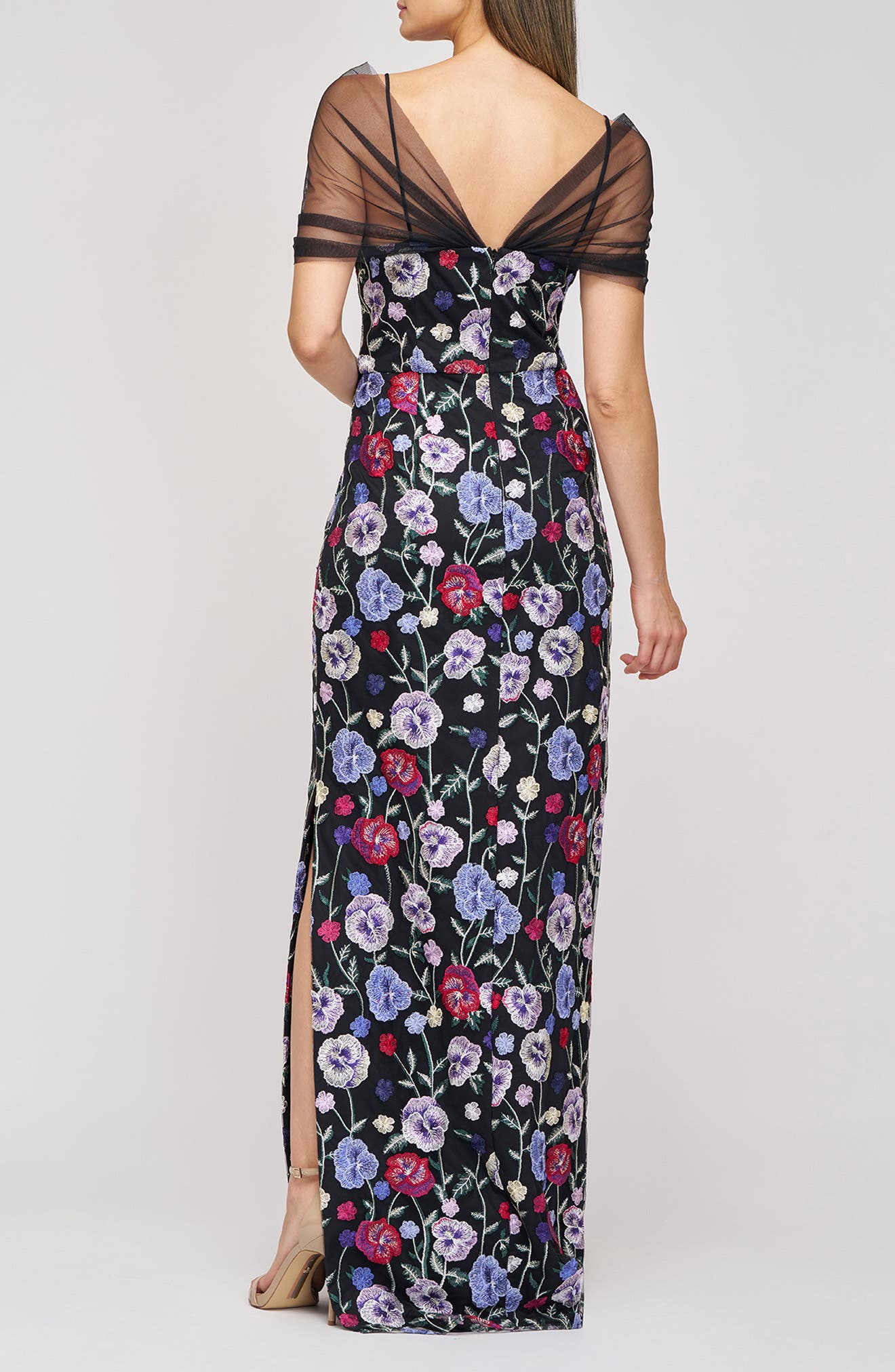 JS Collections Stormi Floral Embroidery Mesh Sleeve Gown