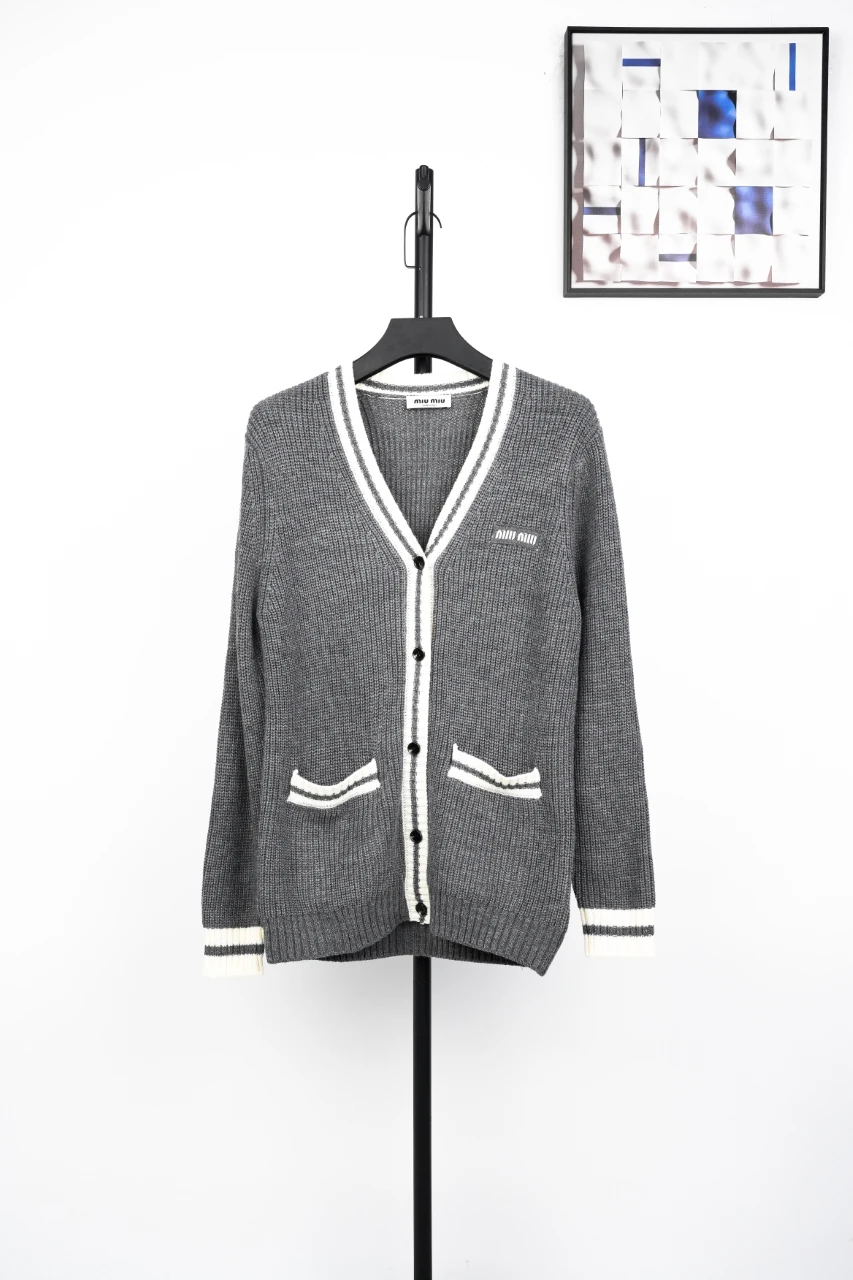 Miu Miu Grey White Trim Logo Knit Cardigan Jacket product photo from LabelPicks