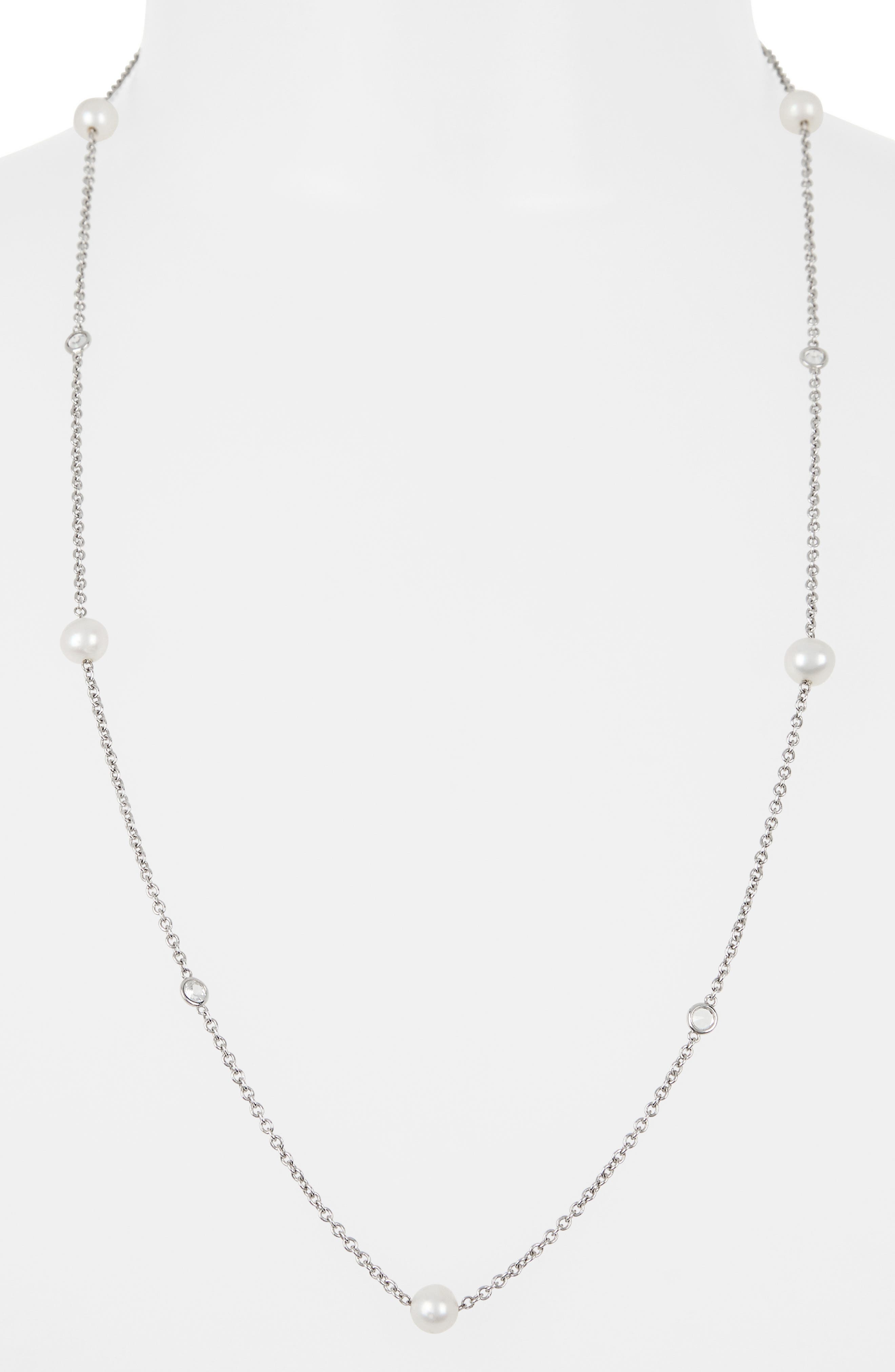 SUZY LEVIAN Sterling Silver 7–7.5mm Cultured Freshwater Pearl & Lab Grown White Sapphire Station Chain Necklace