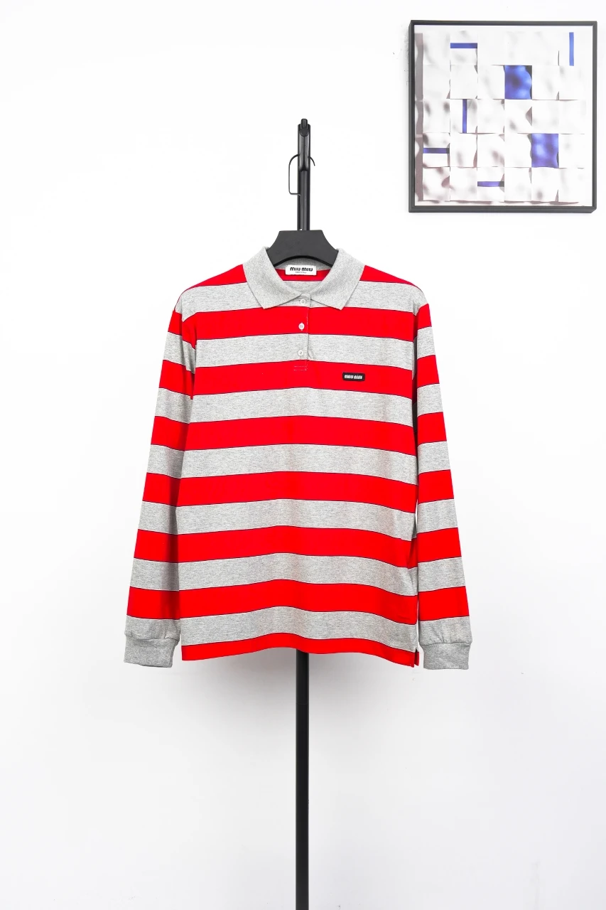 Miu Miu Red Grey Stripe Logo Long Sleeve Polo Shirt product photo from LabelPicks