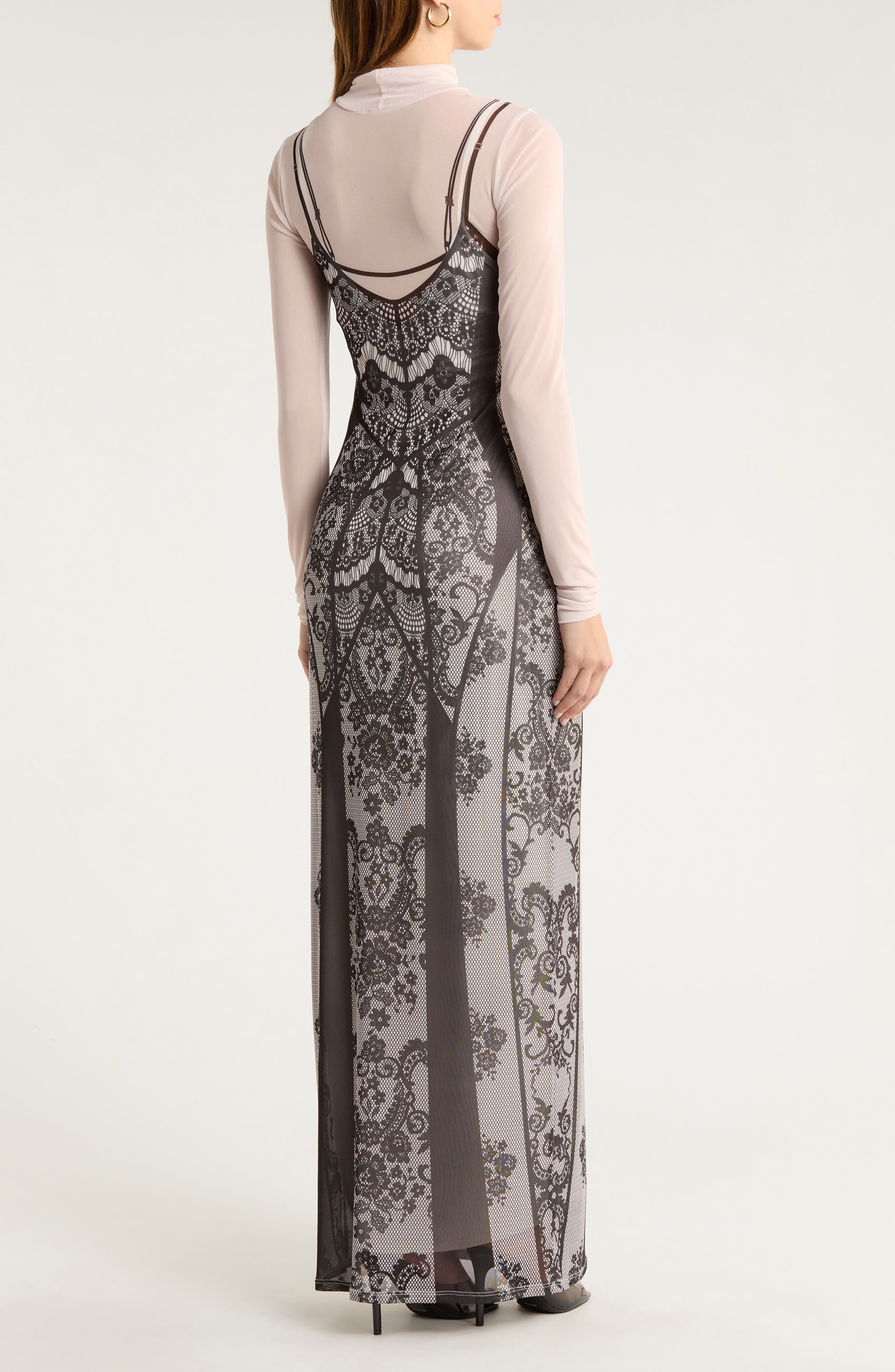 AFRM Billie Trompe l'Oeil Long Sleeve Mesh Maxi Dress