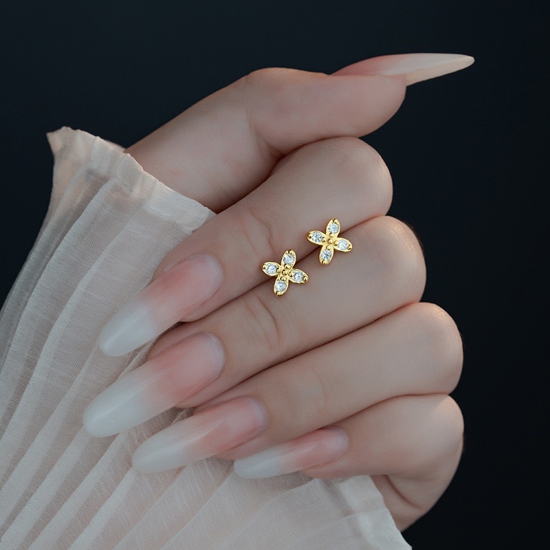s925 silver needle small pink flower earrings for women, forest style, zircon, light luxury, four-leaf clover, elegant, unique, versatile earrings