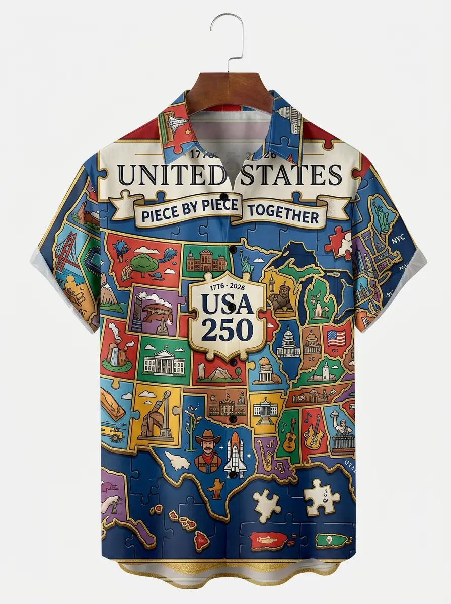 Men's printed shirts, USA 250 Puzzle Map State Landmarks Hawaiian Shirt