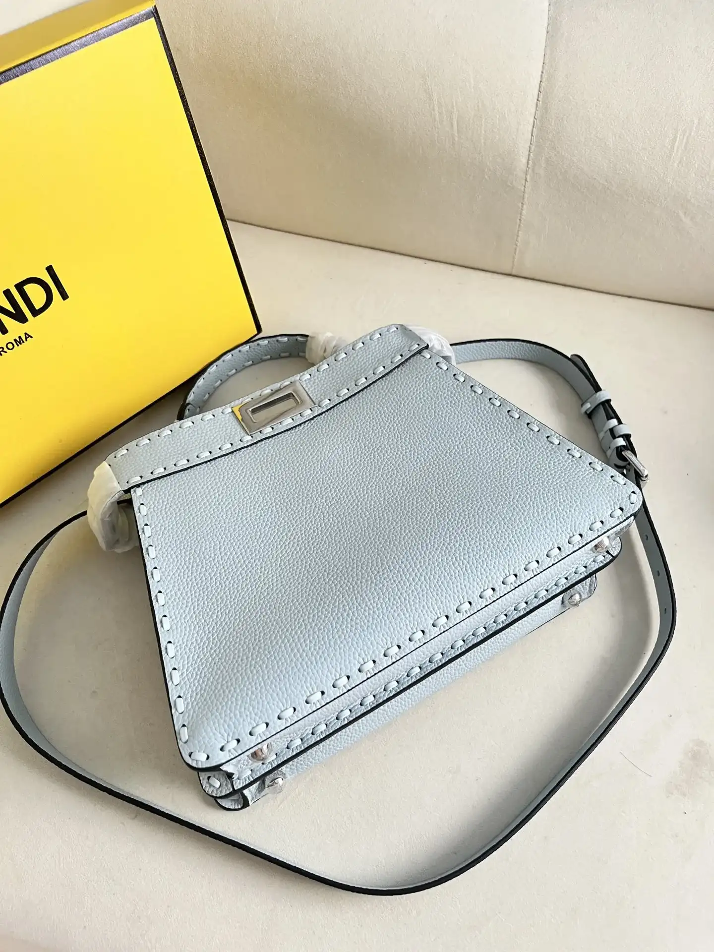 Fendi Peekaboo Blue Grained Leather Shoulder Bag product photo from LabelPicks