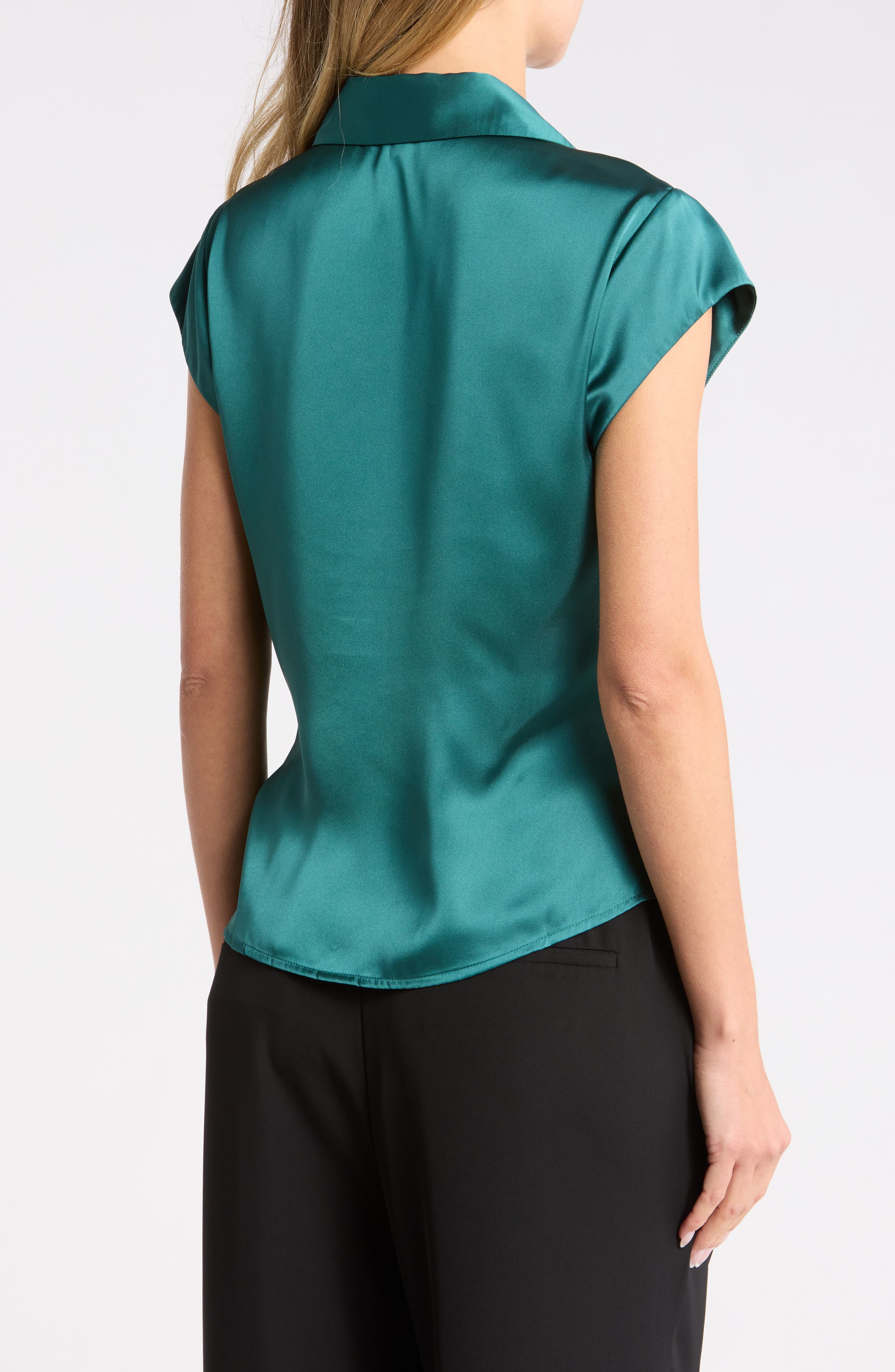 DR2 by Daniel Rainn Ruched Satin Button-Front Cap Sleeve Blouse