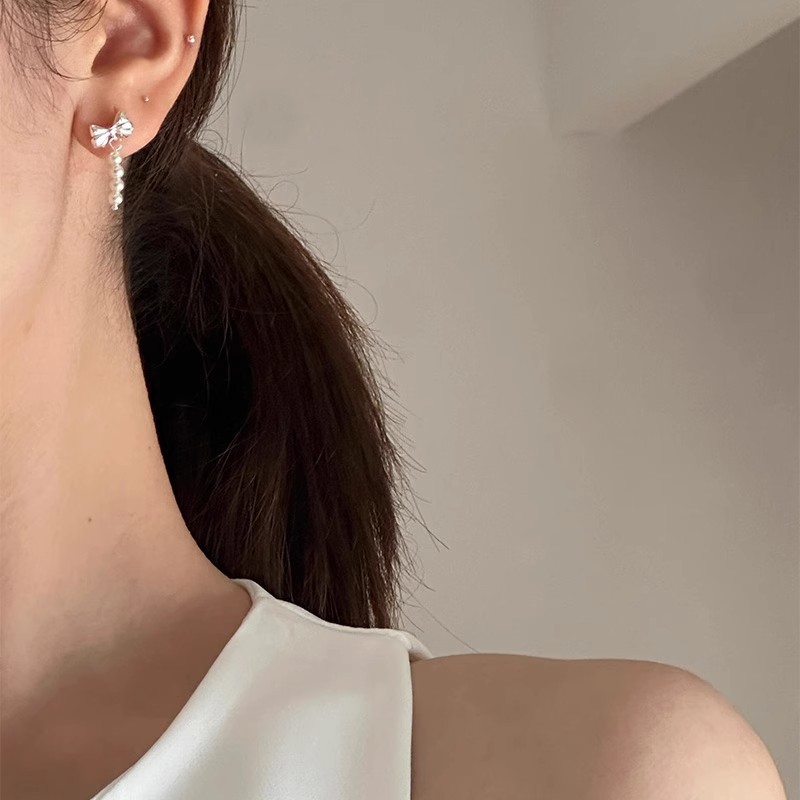 s999 pure silver bow tassel earrings for women, simple, exquisite, small, elegant, versatile for everyday wear, pearl earrings, jewelry