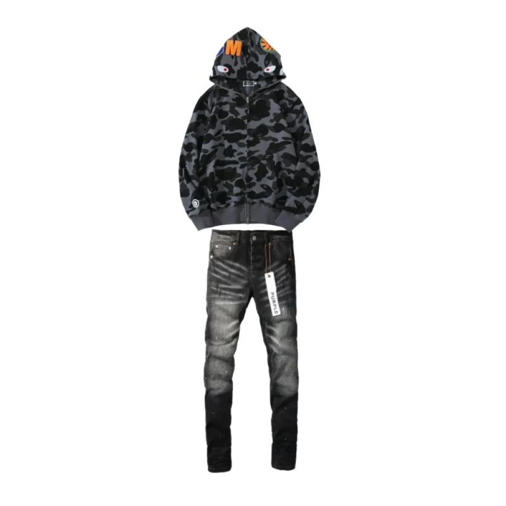 BAPE Color Camo Shark Zip Hoodie Black +Purple Brand Fashion Jeans