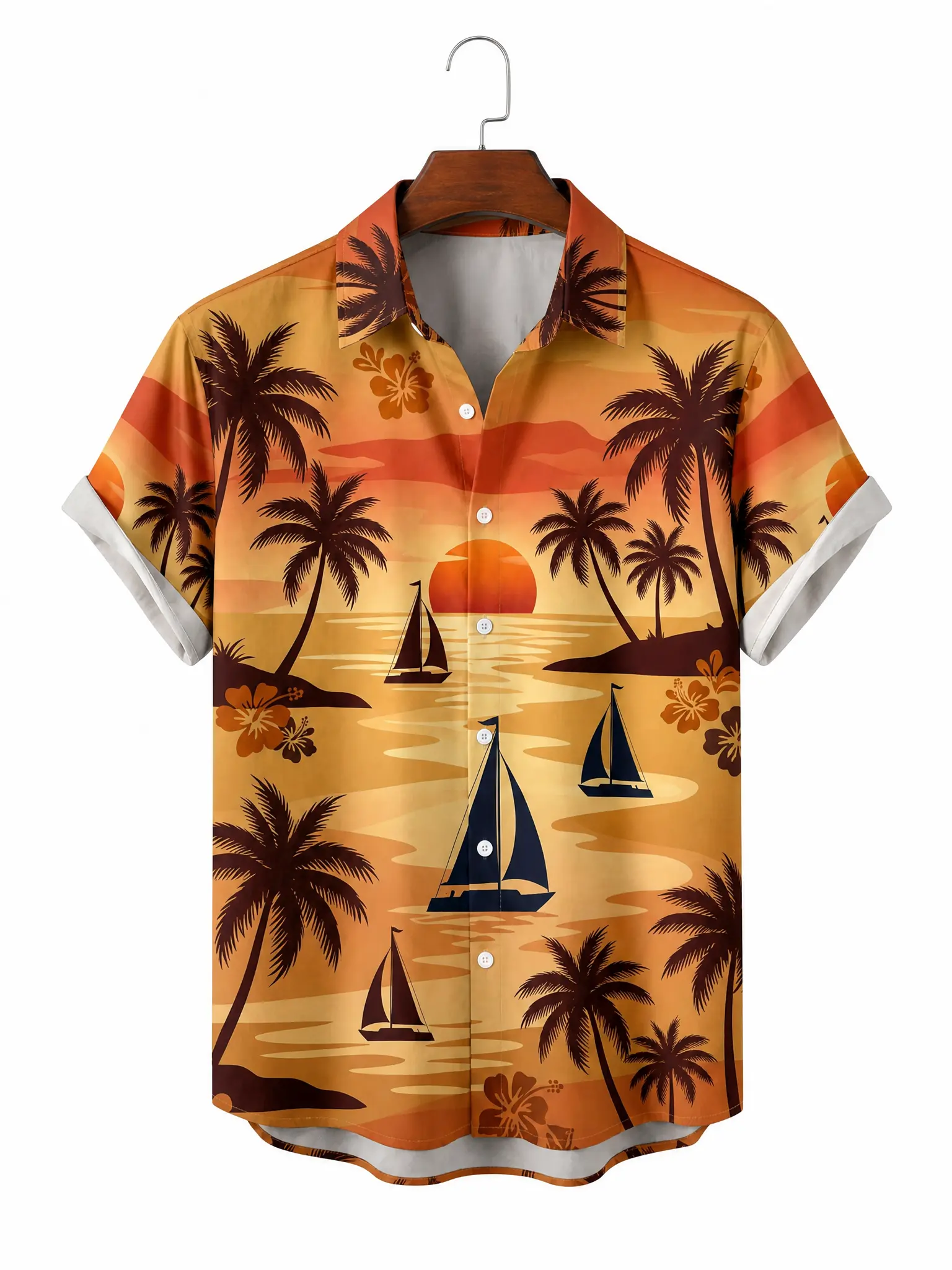 Men's printed shirts Sunset Sailboat Palm Tree Hawaiian Shirt