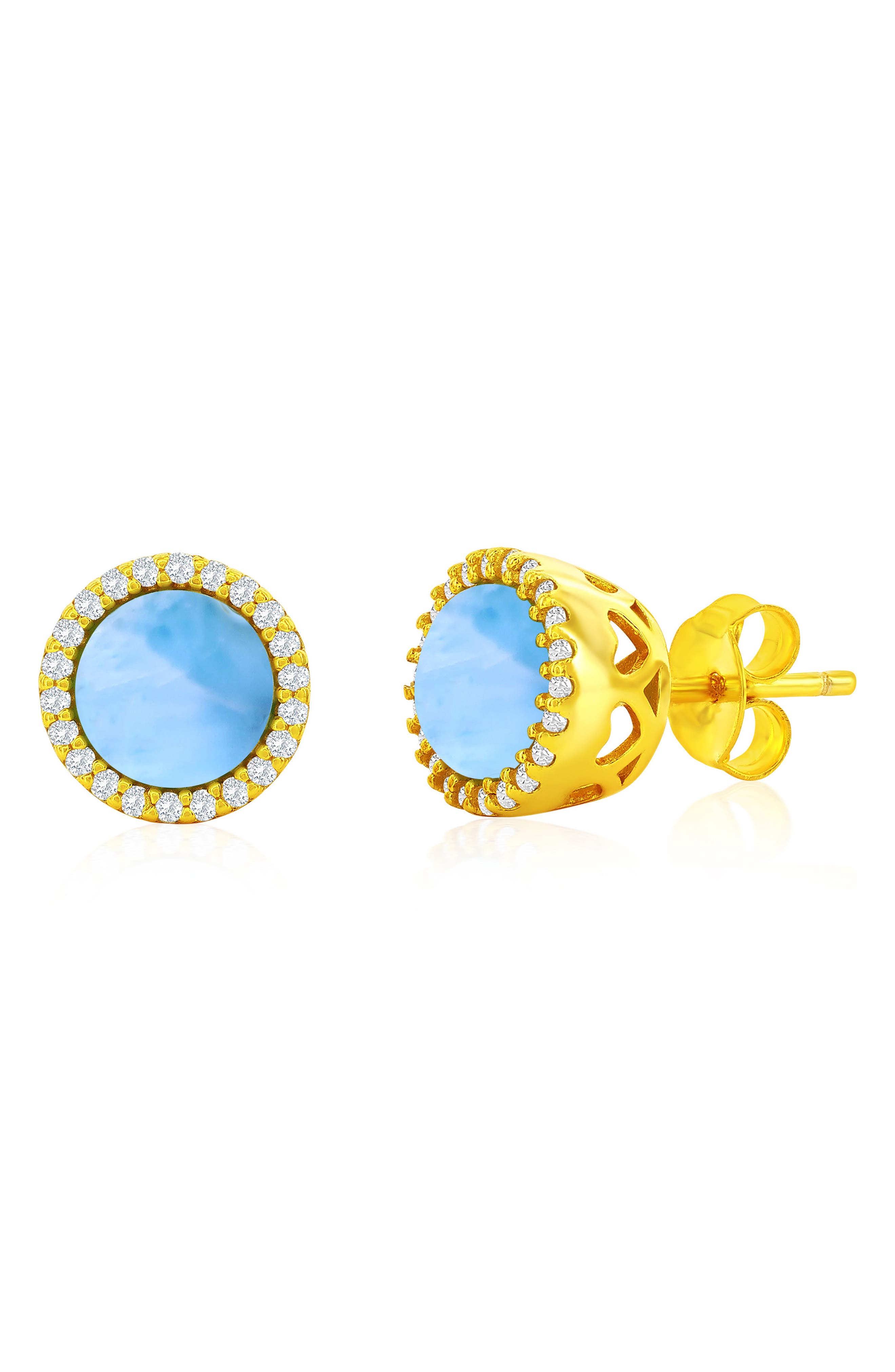 SIMONA Sterling Silver Round Larimar & Cubic Zirconia Halo Stud Earrings
