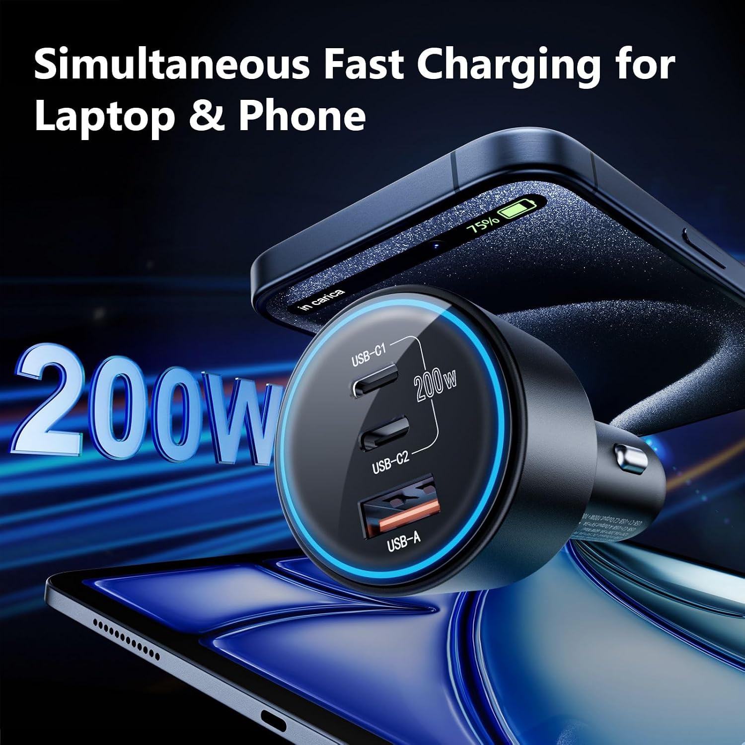 USB C Car Charger, Fast Charging 200W, Dual PD 100W Type C Car Charger