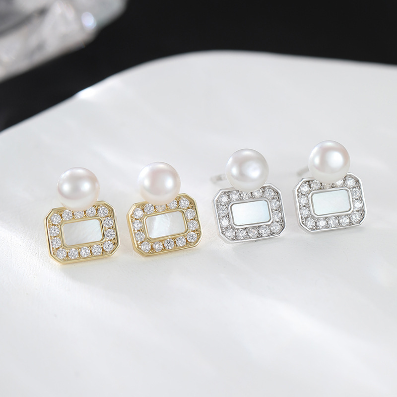 999 pure silver perfume bottle pearl earrings for women, French retro style, geometric sugar cube shell earrings, niche ins