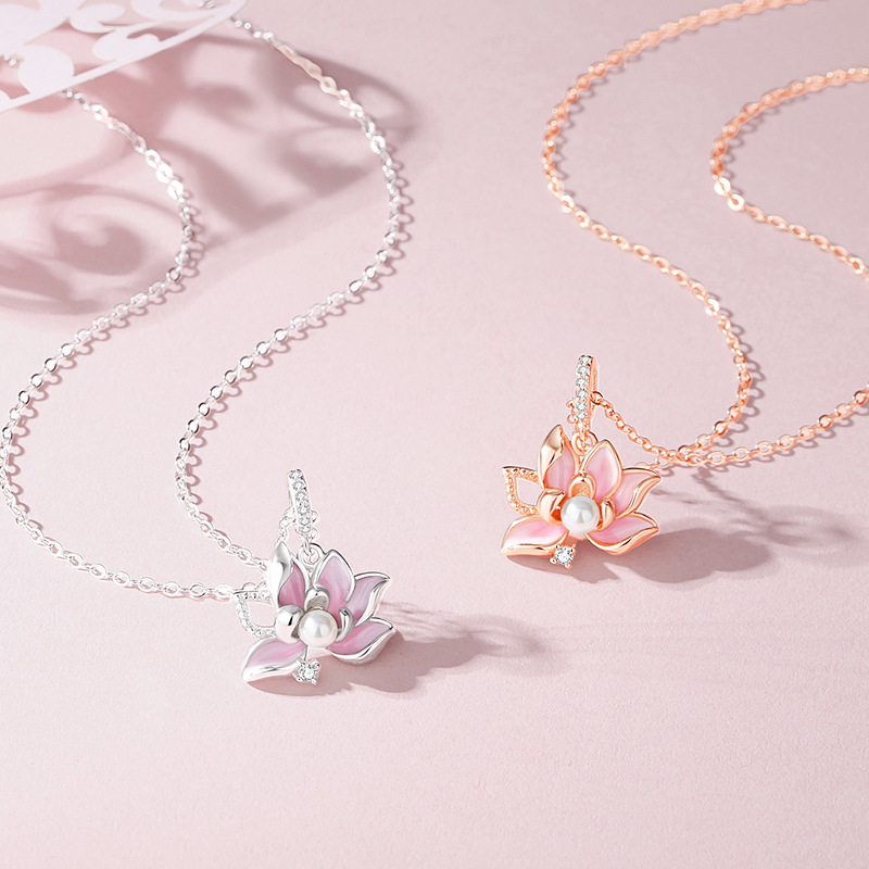 Original lotus flower necklace for women, made of 925 sterling silver, featuring a natural, pastoral, and new Chinese style design, with a theme of 
