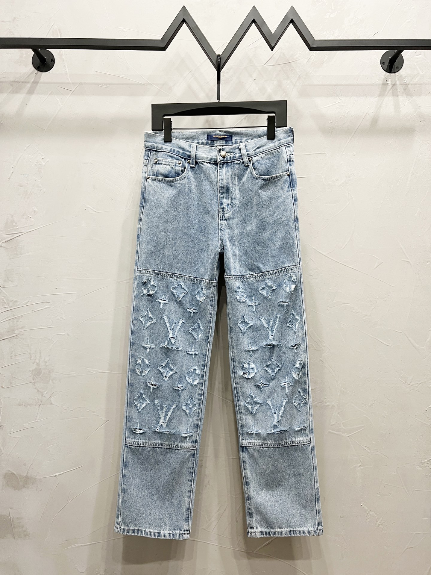 Patchwork Jacquard Hole Pocket Jeans