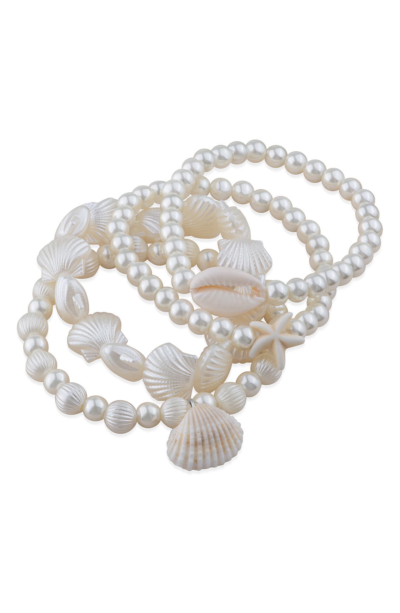 JARDIN Set of 4 Faux Pearl & Shell Beaded Stretch Bracelets (Nordstrom Exclusive)