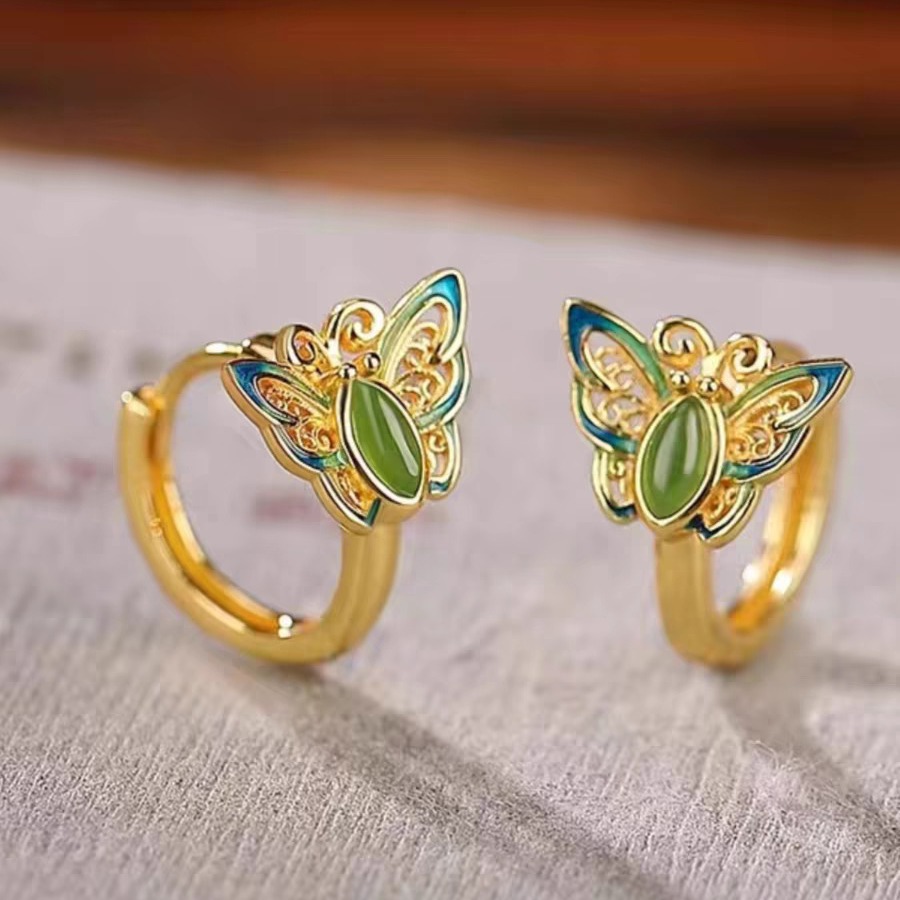 S925 sterling silver filigree green butterfly earrings, simple summer earrings, Chinese-style retro court-style earrings