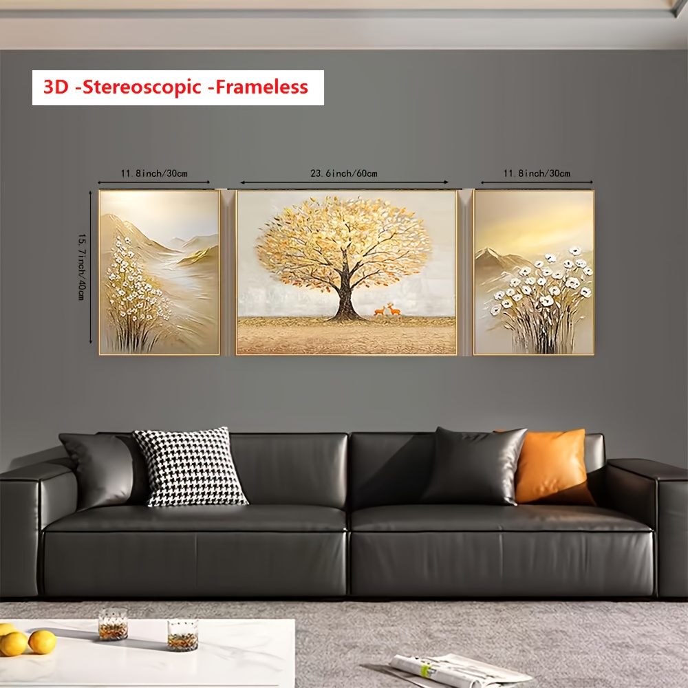 3D Frameless Hand-Painted Oil Paintings, High-Quality Set of 3 Minimalist Wall Decor Artworks (Abstract Golden Foil Floral Mountain Wealth Tree Landscape Art with Thick Knife Texture for a Three-Dimensional Visual EffectModern Stylish Luxury for