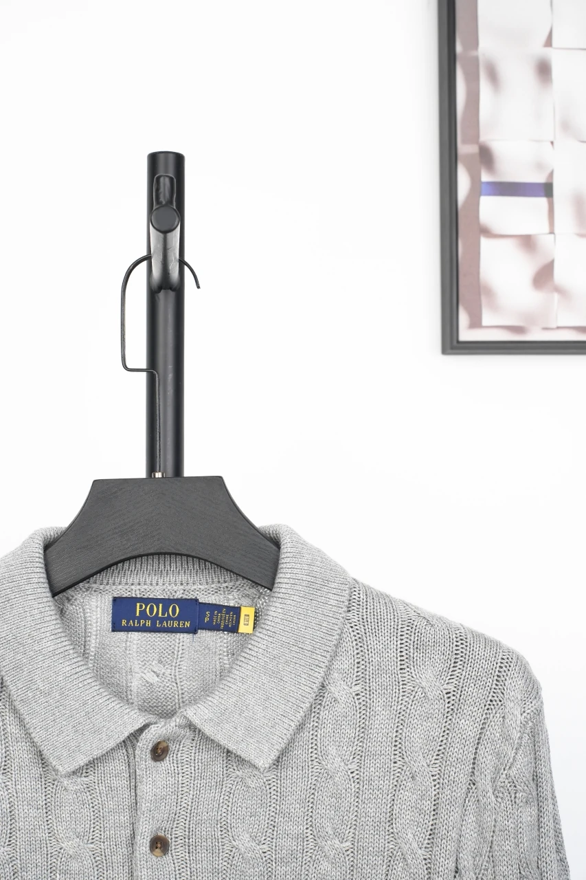 Ralph Lauren Light Grey Pony Embroidered Cable Knit Long Sleeve Polo Sweater product photo from LabelPicks