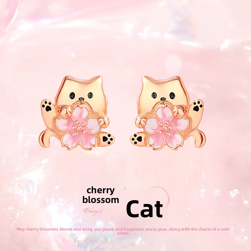 Original cherry blossom cat earrings for women, made of pure silver, perfect for summer, with a fresh and delicate design, enamel flower earrings, jewelry