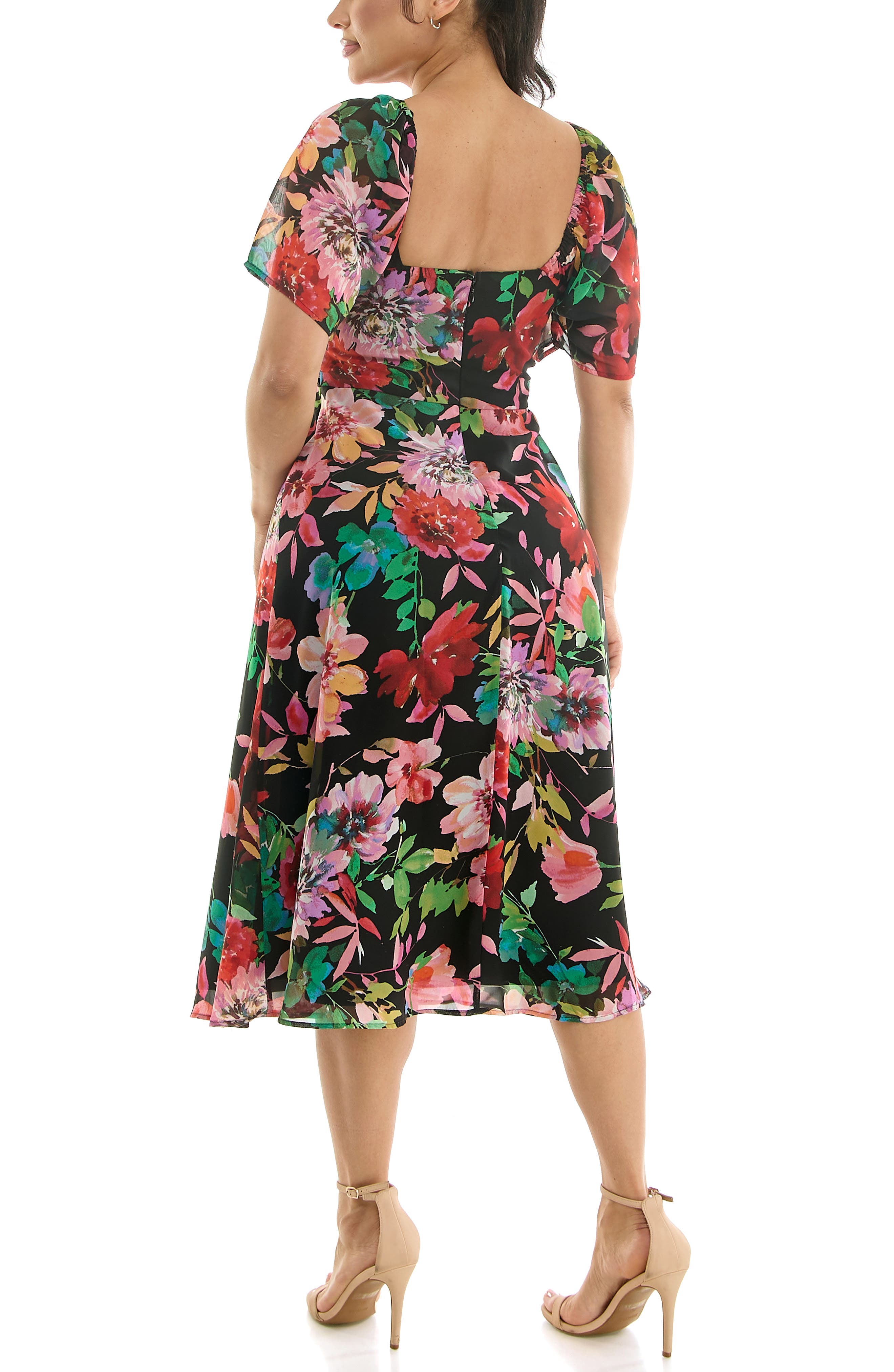 Nina Leonard Flutter Sleeve Sweetheart Midi Dress