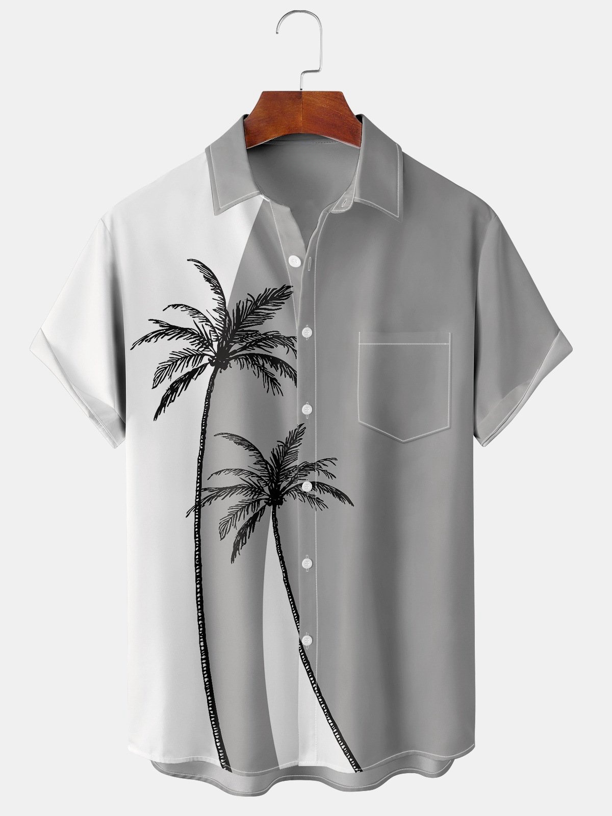 Men's Coconut Tree Color Block Print Casual Breathable Hawaiian Short Sleeve Shirt with Pockets