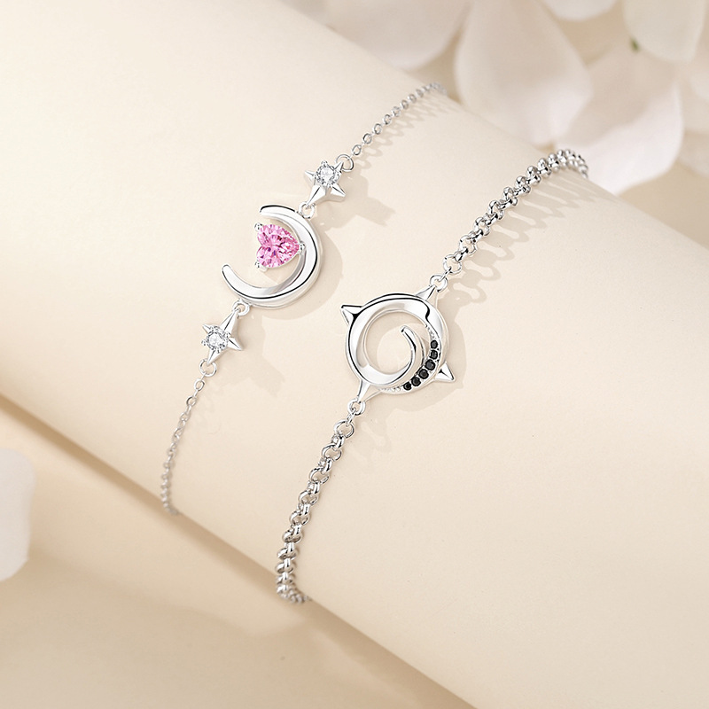 Original design couple bracelets for everyday wear, made of pure silver, a pair, featuring a unique design with geometric star and moon motifs, a perfect gift for the Qixi Festival