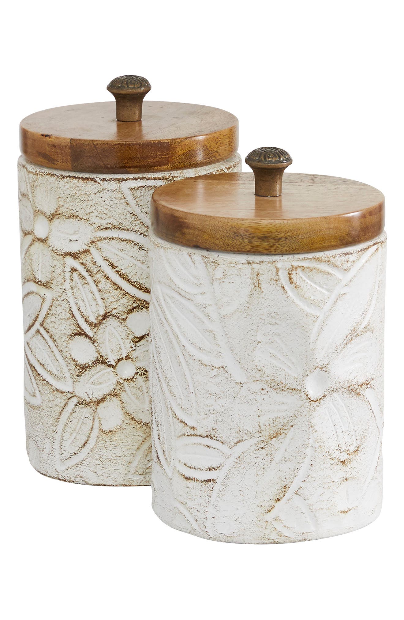 SONOMA SAGE HOME White Ceramic Handmade Intricately Carved Decorative Jar with Wood Lid - Set of 2