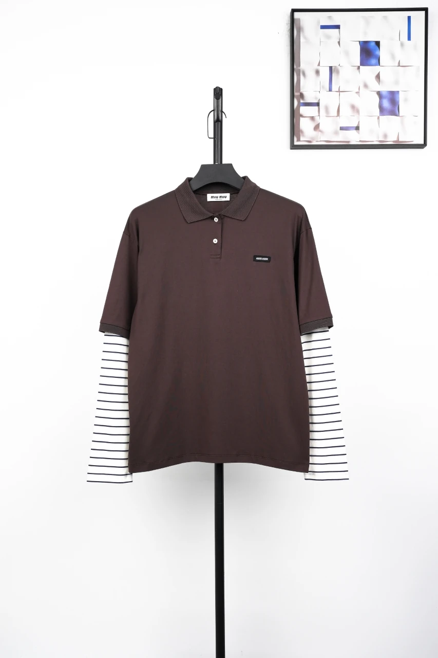 Miu Miu Brown Stripe Layered Look Long Sleeve Polo Shirt product photo from LabelPicks