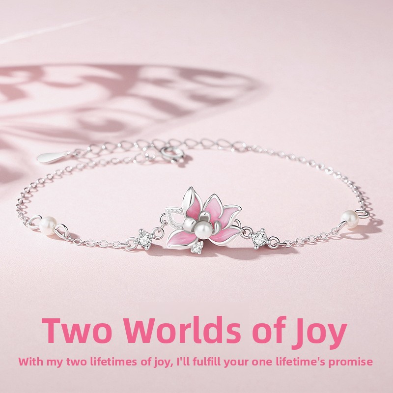 Original lotus flower bracelet for women, new Chinese-style, natural-inspired enamel floral bracelet, spring/summer new collection, sterling silver