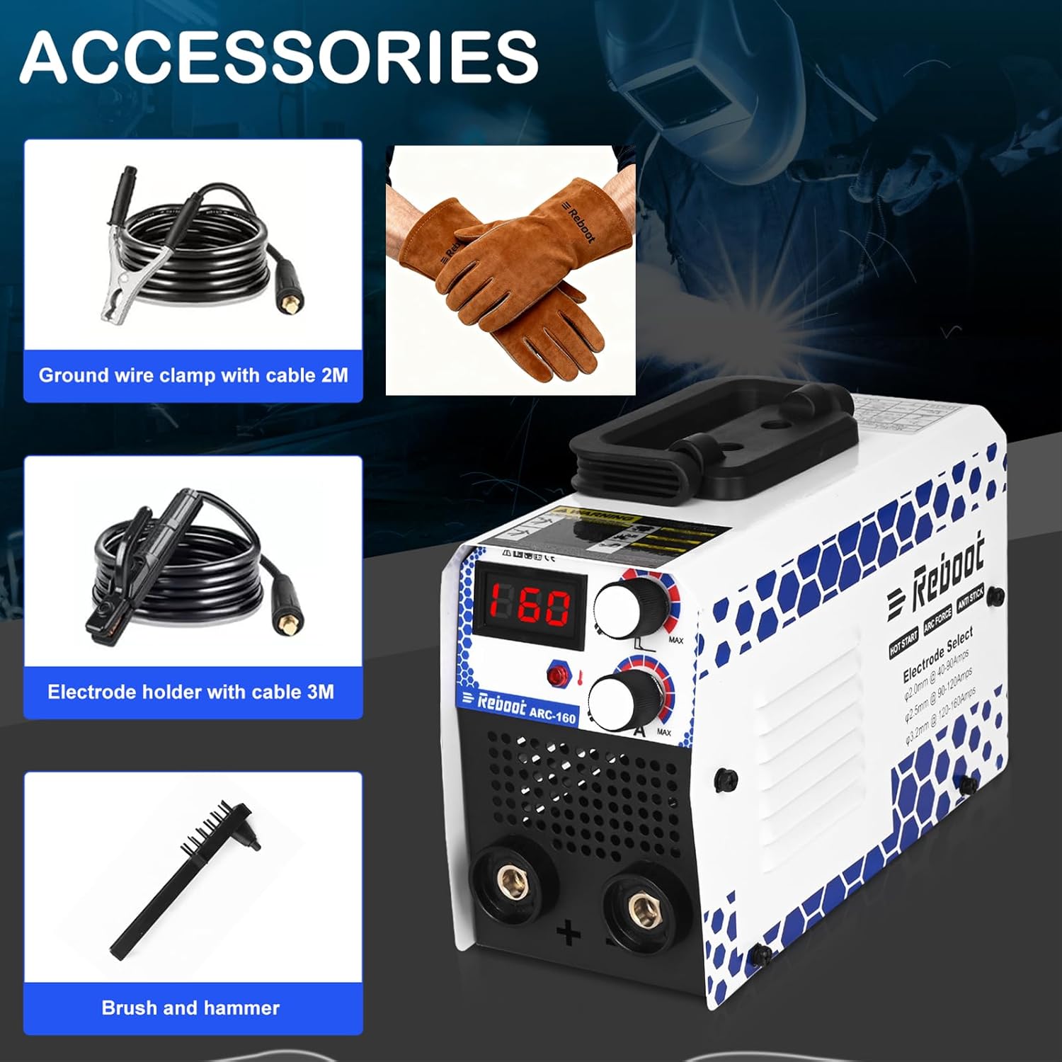 Reboot 160A 2-in-1 Lift TIG/MMA Stick Welder, IGBT Inverter Arc Welding Machine with LCD, Hot Start Anti-Stick, UK 240V – Includes Welding Gloves, Electrode Holder & Work Clamp