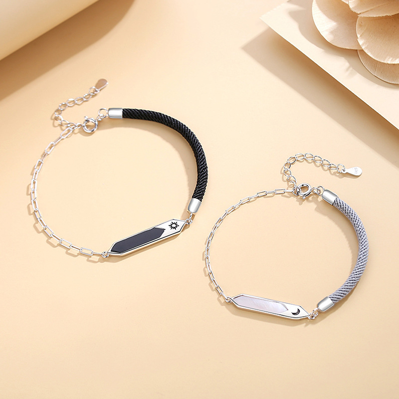 Korean-style original Sun and Moon couple bracelets, made of pure silver S925, featuring a unique and minimalist design with mother-of-pearl woven cords, sold as a pair