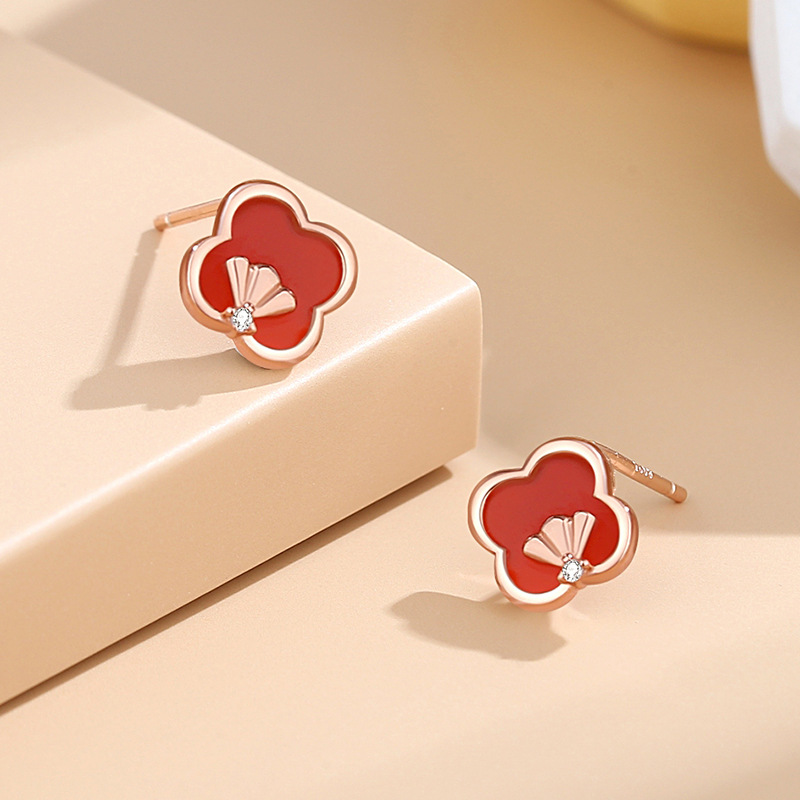 925 sterling silver four-leaf clover small lucky earrings, new Chinese-style original design, silver ginkgo leaf rose gold earrings