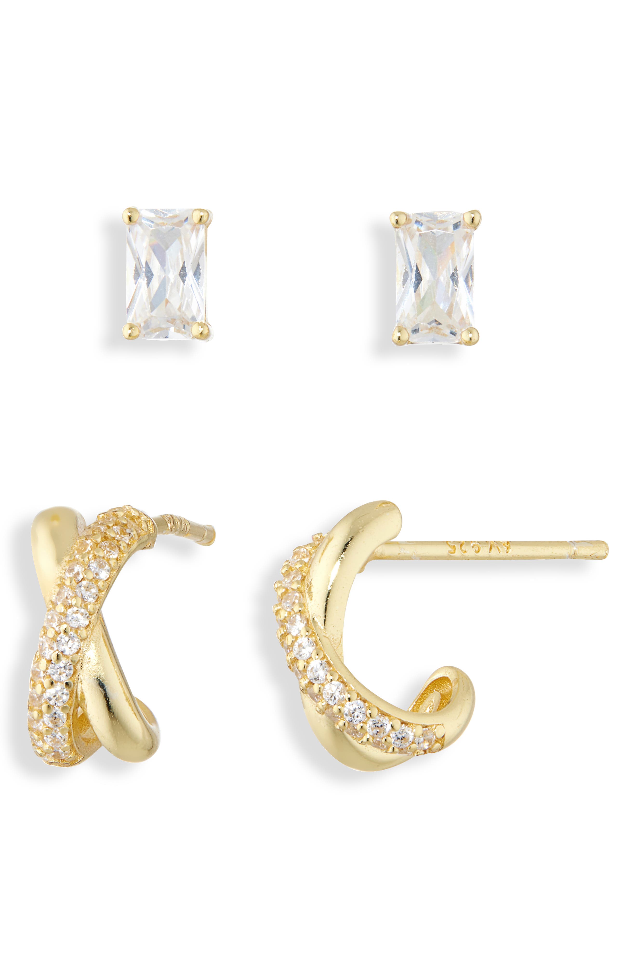 ARGENTO VIVO Pack of 2 Crystal Stud & Mini Huggie Hoop Earrings Set