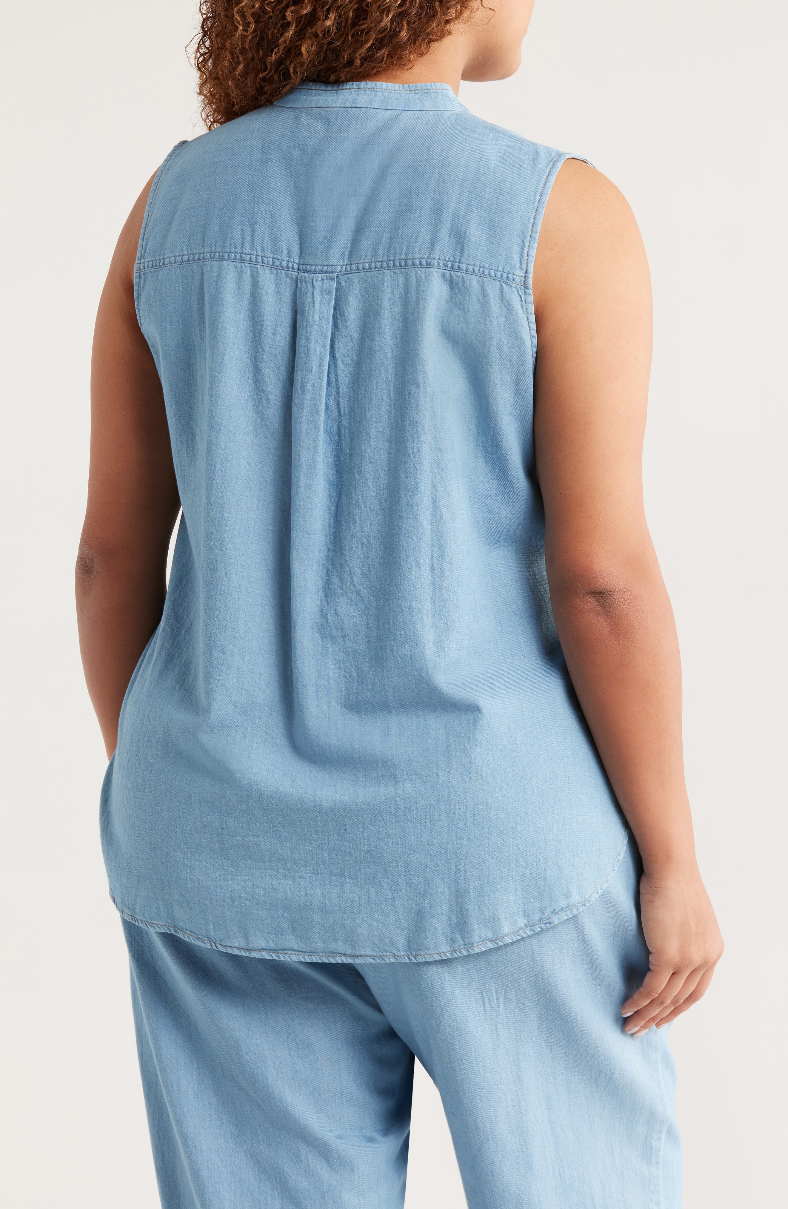 Eileen Fisher Sleeveless Band Collar Chambray Button-Up Shirt