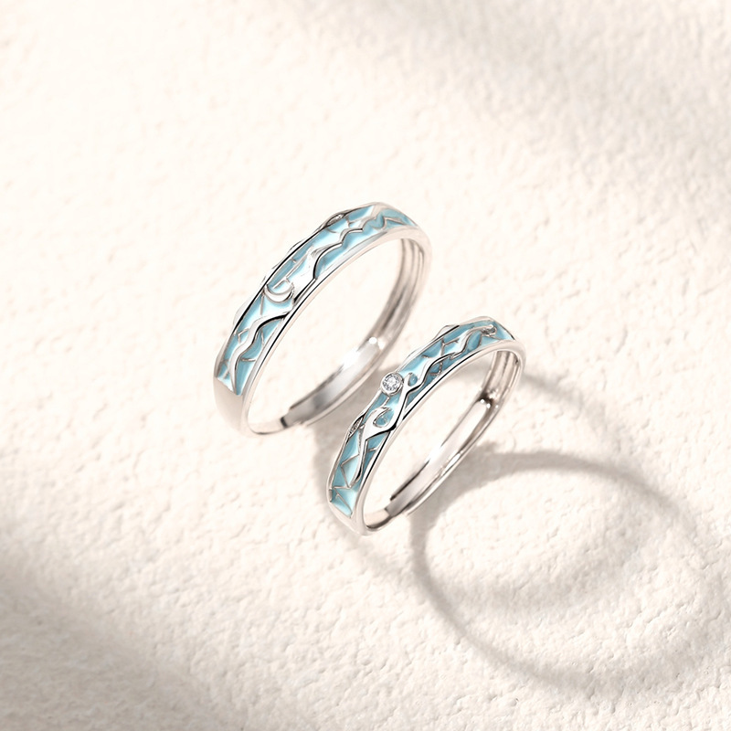 Original s999 pure silver Jiangnan misty couple rings, featuring a modern Chinese style with star and moon motifs, enamel rings, and adjustable open rings