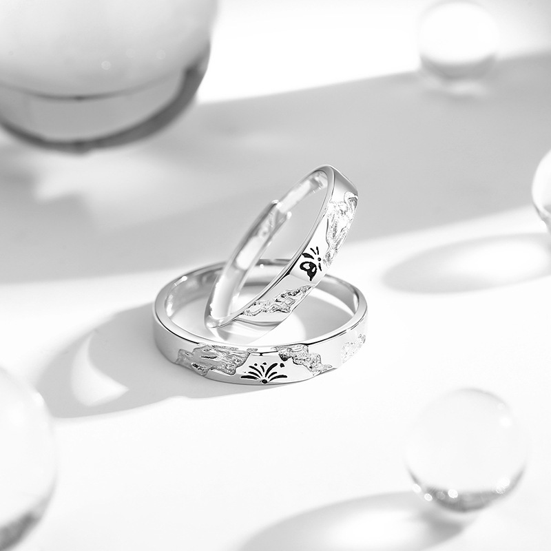 Original design couple rings featuring fireworks and butterflies, with a unique and stylish look, and an adjustable opening, made of 925 sterling silver