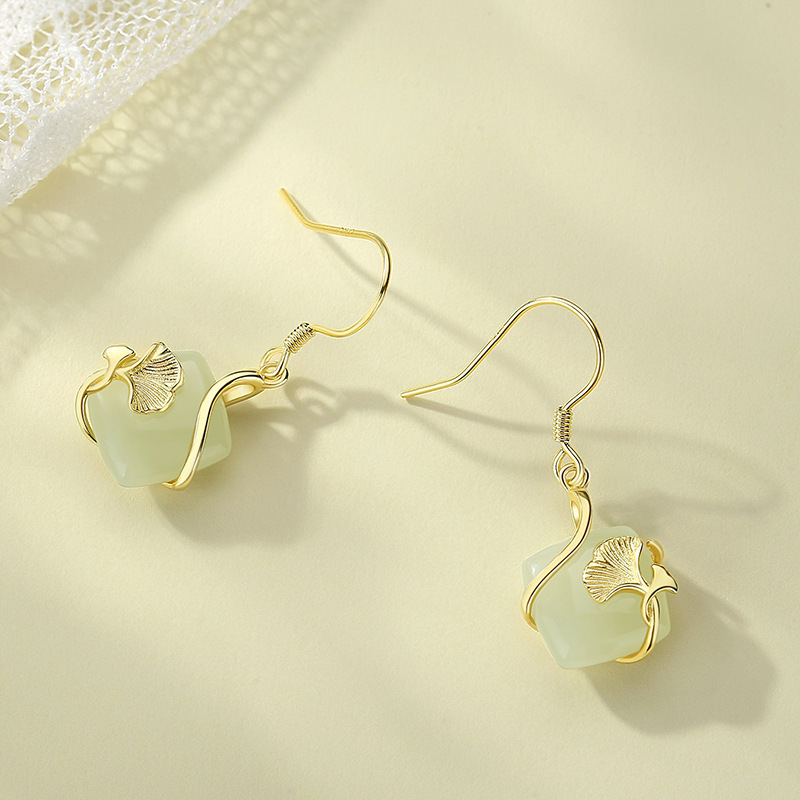 925 sterling silver ginkgo-shaped earrings with Hetian jade accents, original design, featuring a forest-themed ginkgo leaf motif, a trendy Chinese-style earring for women