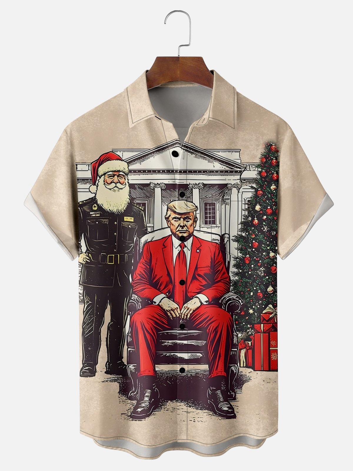 Moisture-wicking Trump Santa Claus Christmas at Home Chest Pocket Hawaiian Shirt