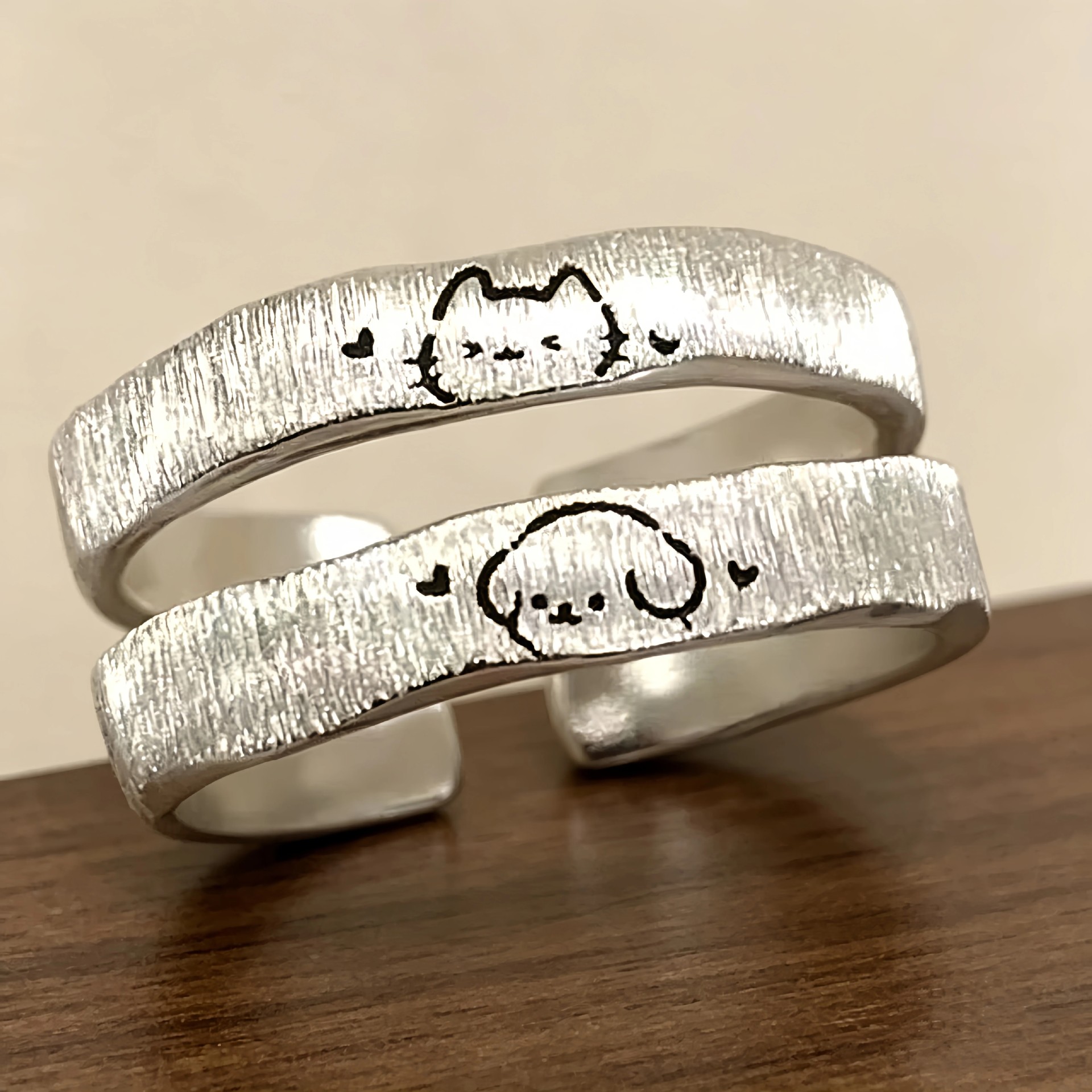 S925 sterling silver brushed cat and dog couple rings, simple and cute, a popular design on Xiaohongshu, perfect as a Valentine's Day gift